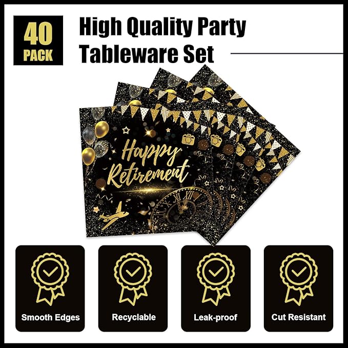 40pcs Happy Retirement Party Supplies Decorations Set, Black Gold Happy Retirement Plates and Napkins for Men and Women, Suitable for 20 Guests