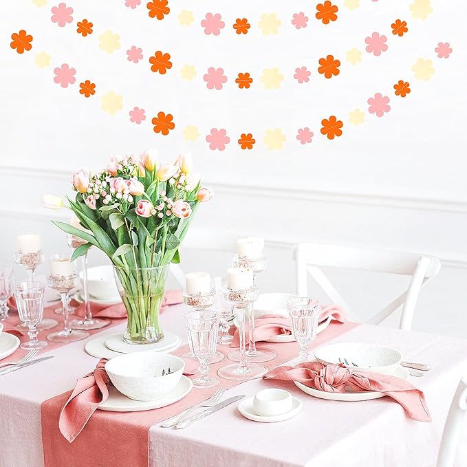 Orange-Pink Fall Party-Decorations Streamers-Garland - 52ft Boho Flower Hanging Paper Banner, Groovy Birthday Baby Bridal Shower Bachelorette Wedding Engagement Thanksgiving Day HalloweenDecor Hugfond