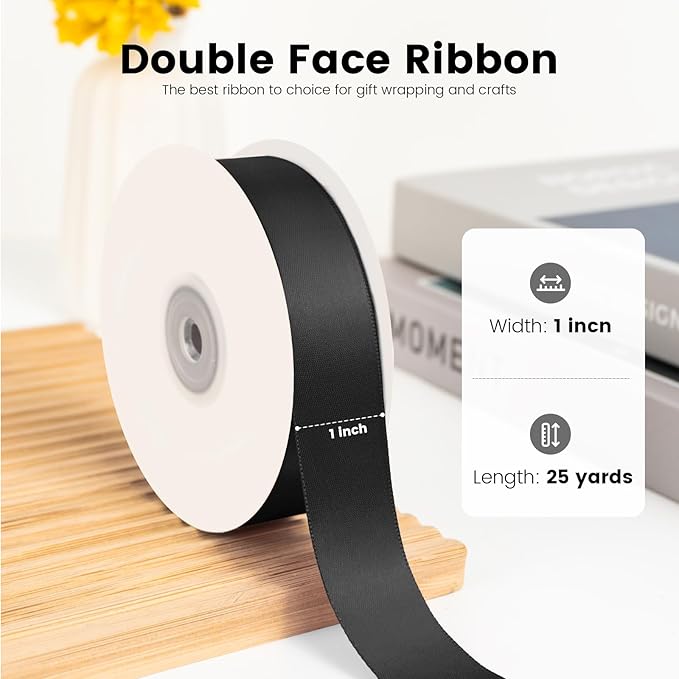 Solid Color Double Faced Black Satin Ribbon 1" x 25 Yards Ribbons Use for Bows Bouquet, Gift Wrapping, Floral Arrangement