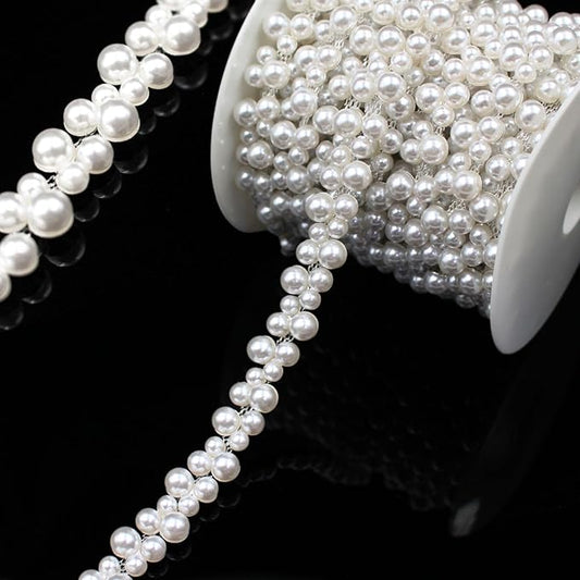 2 Yard Pearl Trim Chain String Silver Applique Fringe Ribbon Strips Beads Sewing Dress DIY Party Wedding Bouquet for Decoration Bridal Costume Embellishment