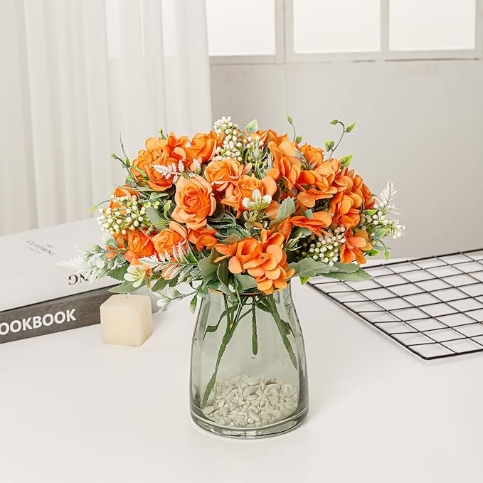 Artificial Flower 5 Branches Artificial Silk Fake Flowers Bouquet Small Roses for Wedding Home Office Tables Decor 4 Packs(Orange)