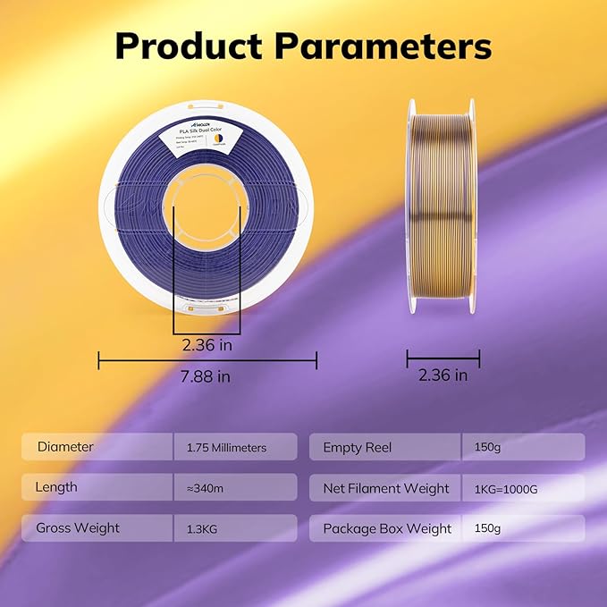 AMOLEN Silk PLA 3D Printer Filament, Dual Color Gold Purple PLA 1.75mm, Shiny Color Change Filament 3D Printing PLA Filament for Most FDM 3D Printer, 1kg Spool(2.2lbs)