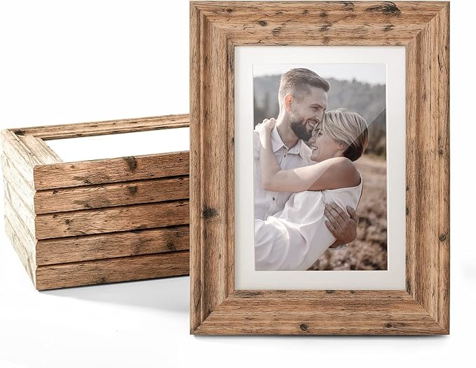 TWING 5x7 Picture Frames Set of 6, Rustic Picture Frame 4x6 with Mat or 5X7 Without Mat, Tabletop Display Wall Mounting Collage Photo Frames Brown Walnut Wood Pattern