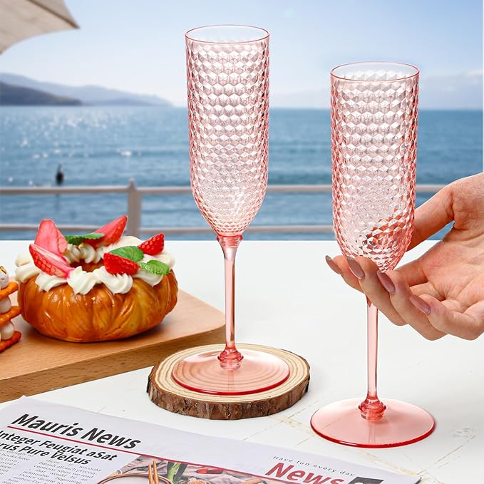 100 Pack Pink Detachable 2 piece Champagne Flutes 5.5 Oz Unbreakable Plastic Mimosa Disposable Champagne Glasses Drinking Cups Stemmed Reusable Wine Toasting Glasses for Wedding (100, Clear Pink)