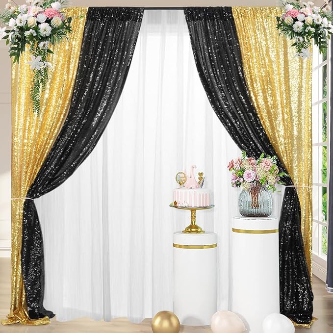 4 Panels Black&Gold Sequin Backdrop Curtain 2FTx8FT Glitter Sequin Backdrop Curtains for Birthday Party Wedding Decoration