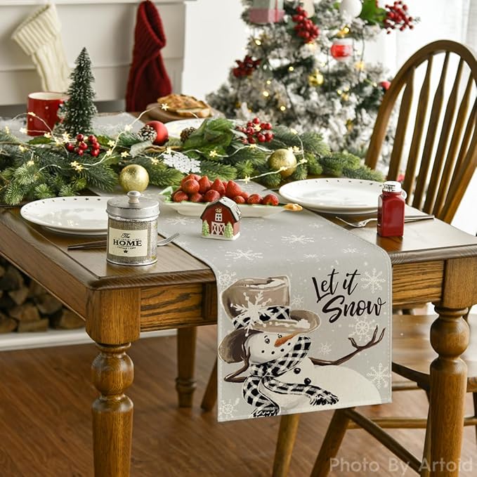 Artoid Mode Grey Snowman Snowflake Let it Snow Winter Table Runner, Seasonal Christmas Kitchen Dining Table Decoration for Home Party Decor 13x60 Inch