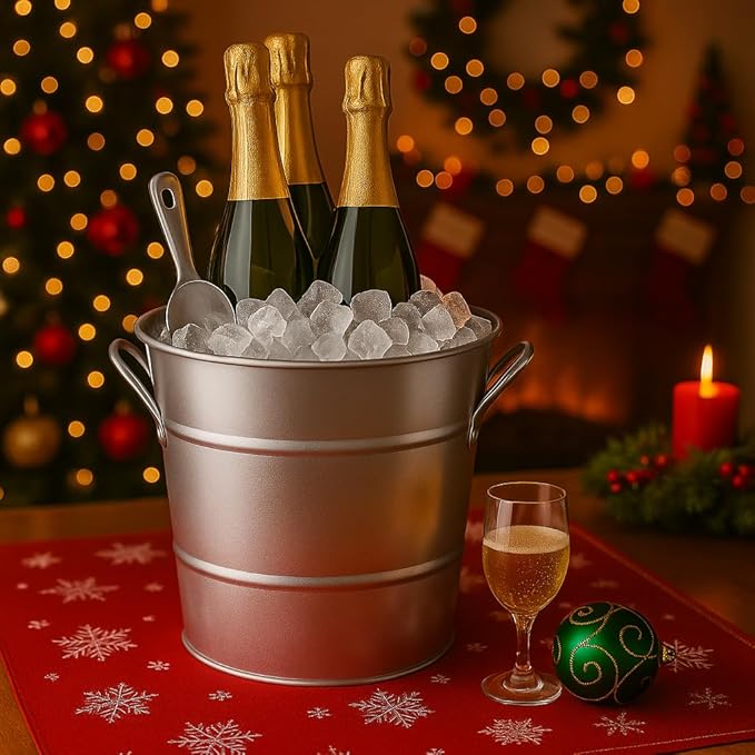 Insulated Ice Bucket with Lid Scoop Handle for Parties Cocktail Bar, 4L Round Mental Champagne Drink Wine Bucket for Drinks Metallic