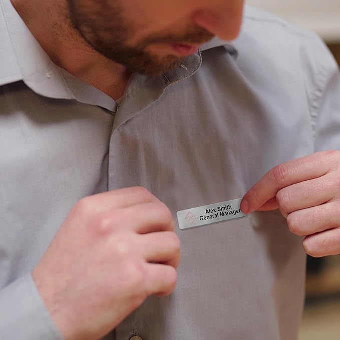 Personalized Name Tag Badges Identification Customized with Text & Logos, Acrylic Name ID for Clothing with Pin or Magnetic Backing, Gold & Silver Plates for Business or Employees