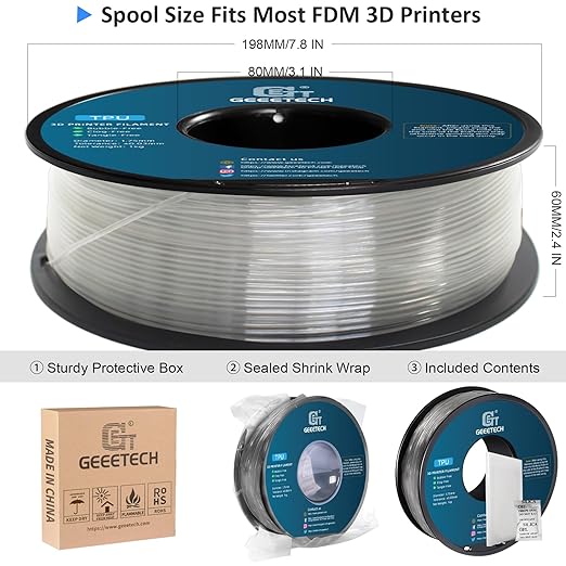 Geeetech TPU Filament 1.75mm, Shore 95A Flexible 3D Printer Filament with High Elasticity, 1KG (2.2lbs) Spool, Dimensional Accuracy ±0.03mm, Fits Most FDM Printers (Clear/Transparent)