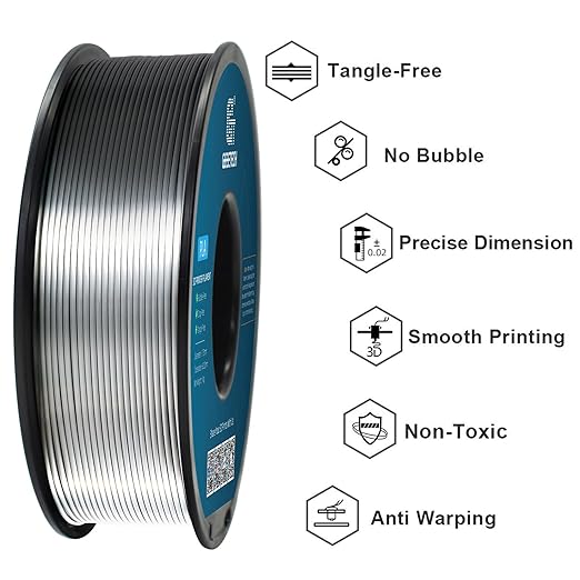 Geeetech Silk PLA Filament 1.75mm for 3D Printer, Metal-Like Shiny 3D Filament 1kg (2.2lbs) 1 Spool, Dimensional Accuracy +/- 0.02 mm, Metallic Silver Silk Filament