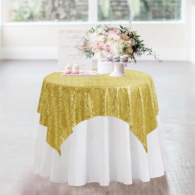 Gold Sequin Square Tablecloth - 50x50 inch, Luxurious Sparkle & Glitter Party Table Cloth, Wedding & Event Decoration