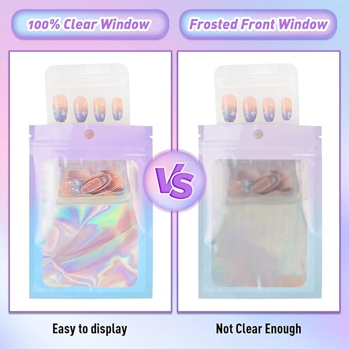 Funfery 100 Pack Gradient Holographic Bags,Mylar Resealable Bags with Zipper,Clear Window Packaging Pouch,Smell Proof Bag for Food Storage,Sample Jewelry Baggies(3.5×4.7in,Purple Blue)