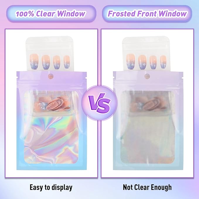 Funfery 100 Pack Gradient Holographic Bags,Mylar Resealable Bags with Zipper,Clear Window Packaging Pouchs,Foil Smell Proof Bag for Food Storage,Sample Jewelry Bag(6.3x9.4In,Purple Blue)