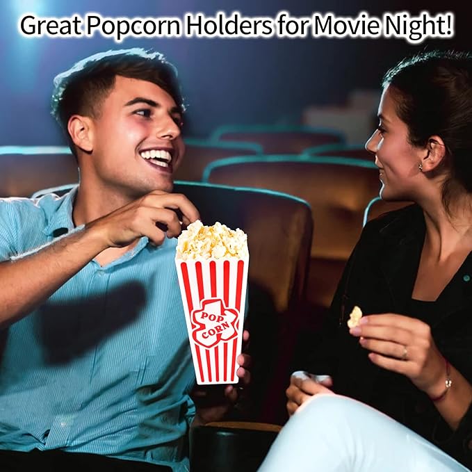 Plastic Popcorn Containers Red & White Striped Retro Style Reusable Popcorn Boxes for Movie Night 4”x8” (4 Pack)