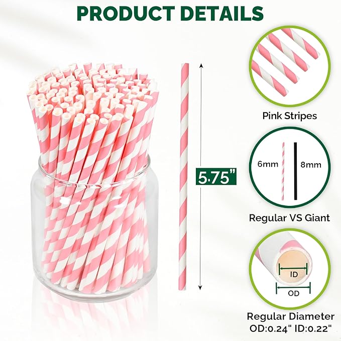 5.75 inch Short Pink Paper Straws 500 Counts, for Cocktail, Mixed Drinks, Cake Pops, Bars, Restaurants - Disposable, Compostable
