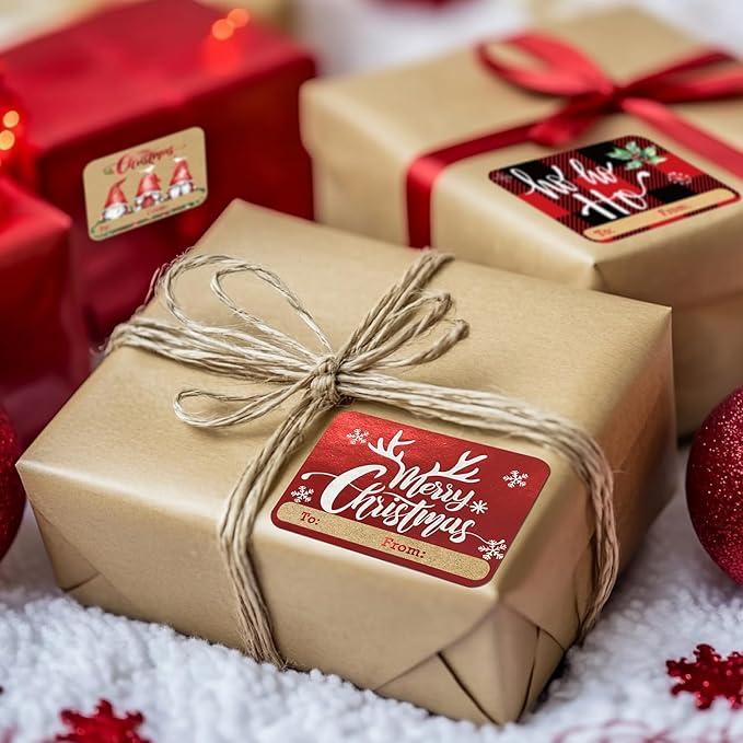 80-Count Foil Kraft Christmas Tags Sticker，8 Jumbo Designs - Xmas to from Christmas Stickers Name Tags Write On Labels - Holiday Present Labels