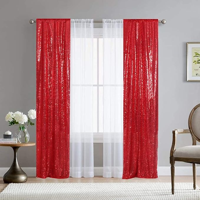SquarePie Sequin Curtain Backdrop 2FT x 8FT Red 2pcs Background for Wedding Party Christmas