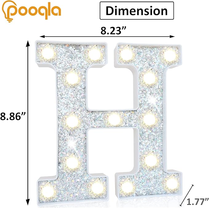 Pooqla Light Up Letters, LED Marquee Letters for Silver Birthday Decorations, Battery Powered Night Light Teenager Girl Room Decor, Gift for Girls Boys Wedding Bedroom Christmas Party Decor, Letter H