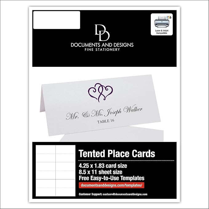 Linked Hearts Printable Place Cards, Eggplant (Choose Color), Set of 60 (10 Sheets), Laser & Inkjet Printers - Wedding, Party, Dinner, and Special Events - Made in the USA