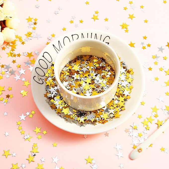Hestya 60g Star Confetti Glitter Table Confetti Metallic Foil Stars for Party Wedding Festival Decorations(Gold Silver 60g,10mm and 6mm)