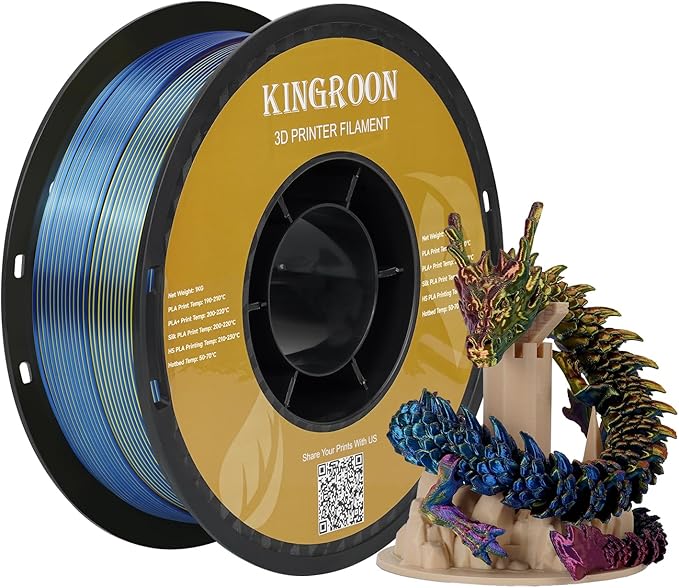 Kingroon Silk PLA Triple Color,3D Printer Filament,Pla Filament 1.75mm,Multicolor Filament 1KG,Dimensional Accuracy +/- 0.03mm,for Most FDM 3D Printer,Red Yellow Blue