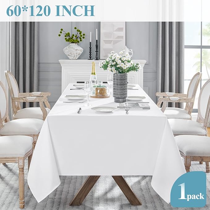 VidaFete Tablecloth 60 * 120inch 1pack Rectangle Table Cloth Polyester, Stain Wrinkle Resistant Dining Table Cover for Kitchen Dinning Party Wedding Rectangular Tabletop Buffet Decoration(White)