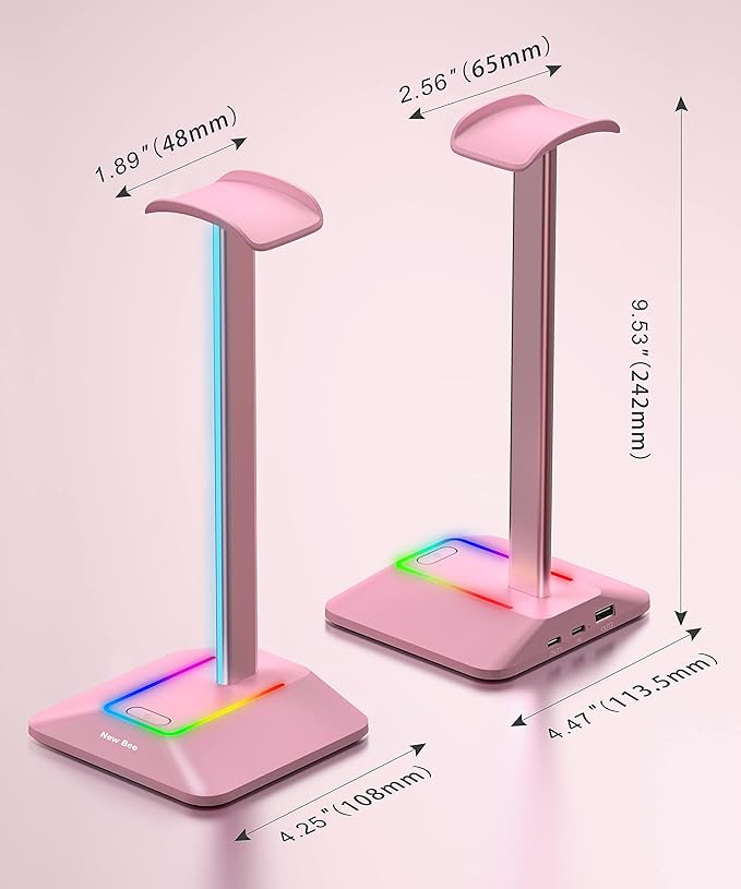 New bee RGB Headphone Stand with 1 USB-C Charging Port and 1 USB Charging Port, Desk Gaming Headset Stand with 7 Light Modes and Non-Slip Rubber Base Suitable for All Earphone Accessories (Pink)