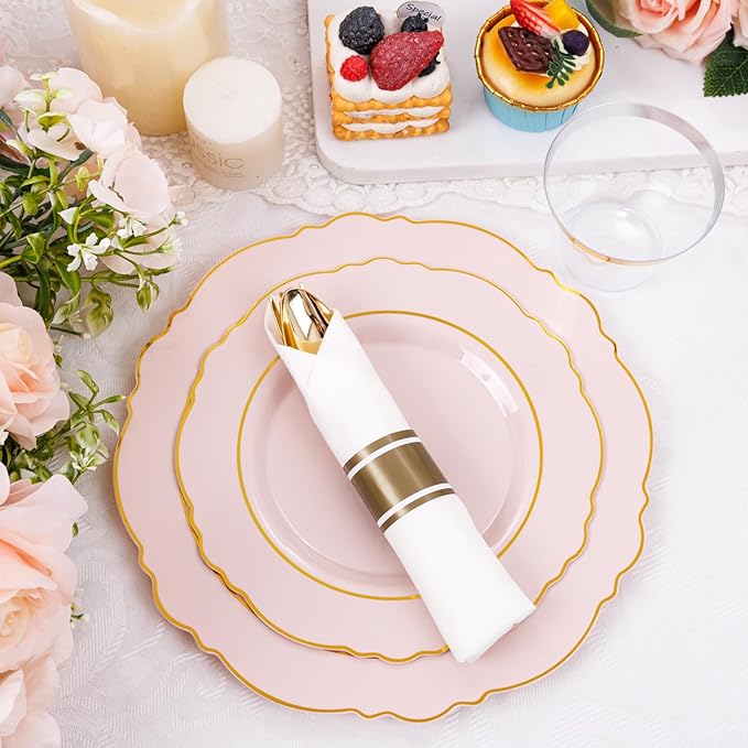 Liacere 350PCS Pink Plates Disposable - Pink and Gold Plates 50guest Baroque Plastic Dinnerware include 100Plates, 50Pack Pre Rolled Napkins with Silverware 50Cups Perfect for Wedding＆Mother's Day