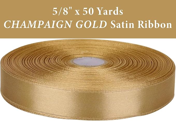 5/8" x 50 Yards Champaign Gold Satin Ribbon Single Faced Fabric Ribbons for Gift Wrapping, Crafting, Bows Making, Sewing, Wedding, Home Decor