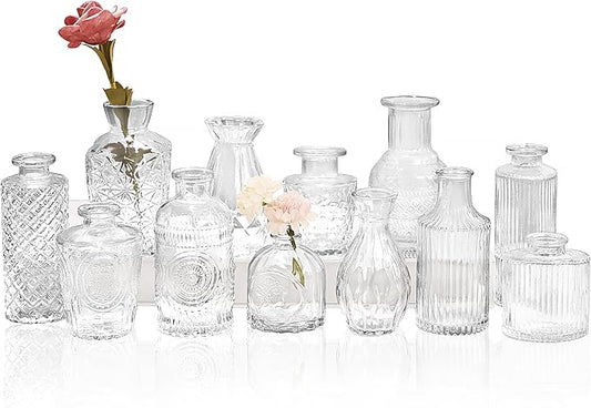 Set of 12 Glass Bud Vases-Small Vases for Flowers-Mini Bud Vases in Bulk -Vintage Vases Centerpieces for Tables Wedding and Home Decor(12pcs/Clear)