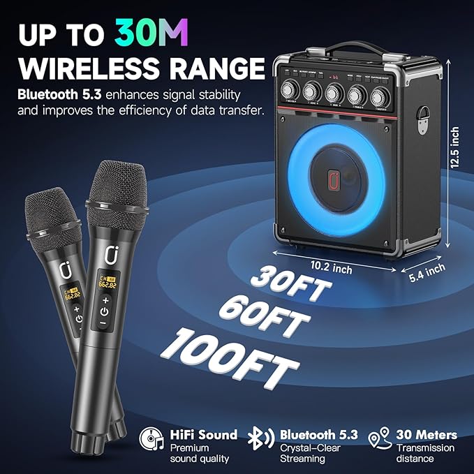 Karaoke Machine with 2 Wireless Mics for Adults Kids | Bluetooth 5.3 Speaker with Bass/Treble/Echo Adjustment | PA System with Disco Lights & Remote Control, Supports TV/TF Card/USB/AUX/Live