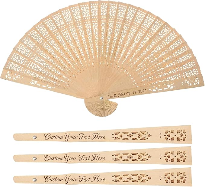 100Pcs Wedding Fans Personalized Folding Hand Fans Custom Sandalwood Wedding Fans with Organza Bags Wedding Party Favor Wedding Fans for Guests (50)