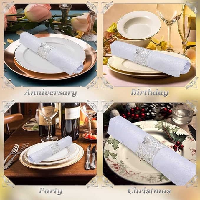 150PCS Rose Flower Paper Napkin Rings, Simple Napkin Holders Dinner Tables Rings Elegant Ornament Table Setting Decoration for Wedding, Christmas, Thanksgiving, Holiday, Party (Silver) (Pack of 2)