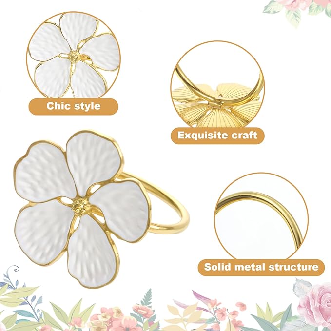 10 Pack White Floral Napkin Rings, 1.6x1.65 inch Elegant Metal Holders Ornament Table Setting Decoration for Wedding, Holiday, Party