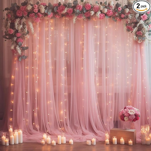 10×10ft Dusty Rose Tulle Backdrop Curtain with Lights String for Parties, Sheer Photo Curtain Backdrop Drapes for Wedding Party Photography Backgrounds