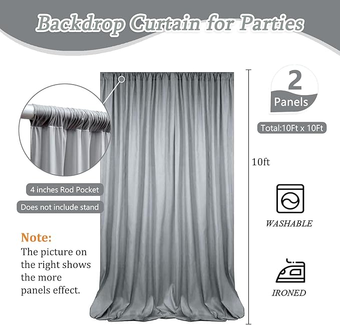 10 x 10 Feet Grey Backdrop Curtain for Partie, Background Curtains for Photoshoot, Birthday, Wedding, Halloween, Thanksgiving, Christmas Day, New Year Party Decorations 5Ft x 10Ft, 2 Panels