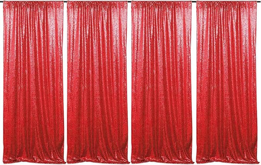 Red Sequin Backdrop Curtains 4 Panels 2FTx8FT Wedding Photo Backdrop Glitter Birthday Bridal Party Curtains Sparkle Background Drapes Parties Decor Curtains