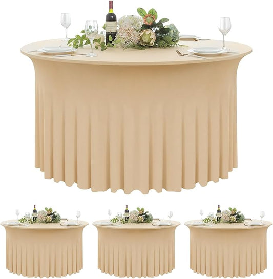 4 Pack Champagne Spandex Round Tablecloths for 60inch Tables,120inch Stretch Fitted 5ft Table Cloth,Wrinkle Free Rund Table Covers with Skirt for Banquet Wedding Birthday Parties
