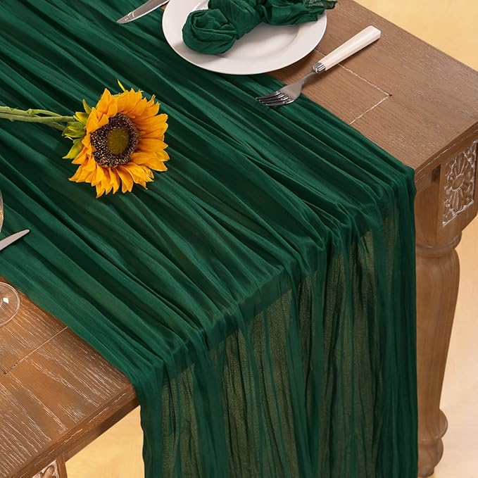 Emerald Green Cheesecloth Table Runner 12 Pack Fall Table Runners Boho Gauze 120 Inches Green Cheese Cloth Fall Table Decorations for Thanksgiving Wedding Bridal Baby Shower Tea Party