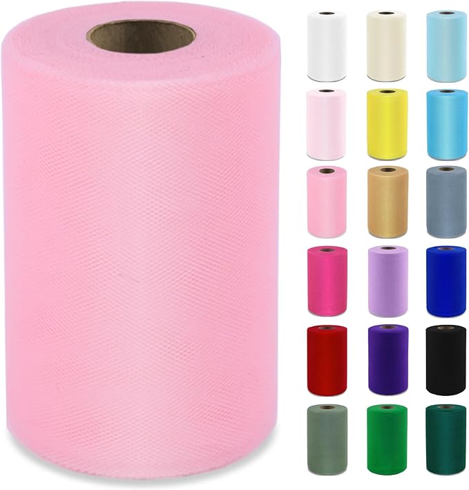 Pink Tulle Fabric Roll 6" by 100 Yards (300 ft) Soft Tulle Spool for DIY Crafting Favor Supplies, Tutus, Wedding, Party Decorations, Gift Wrapping