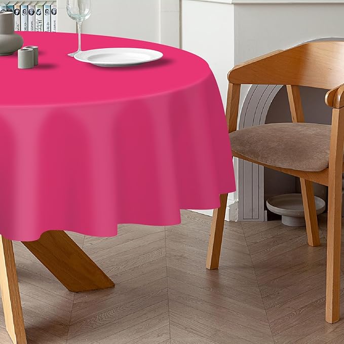 QIKSION Hot Pink Round Tablecloth 2 Pack, 84 Inch Plastic Table Cover Disposable for Parties