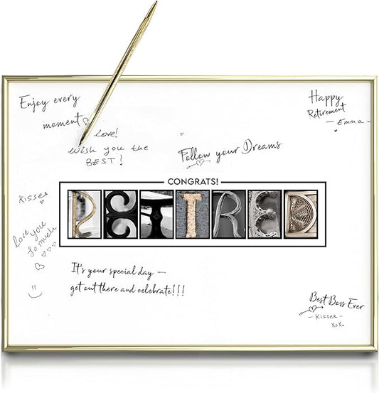 Framed Gold Retirement Decorations Guest Book for Men - 12"x16" Large Sign Poster including Gold Pen & Acrylic Glass - Retired Party favors, Table Centerpieces Plaque