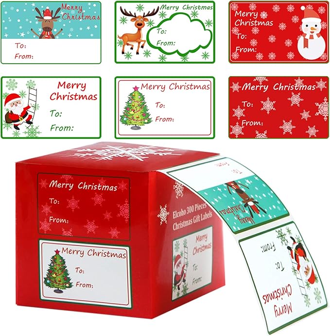 Elcoho 300 Pieces Christmas Self Adhesive Gift Tag Self Stick Stickers Gift Name Tag Christmas Stickers with 6 Different Designs (Color A)