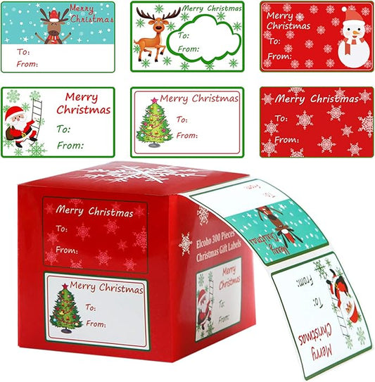 Elcoho 300 Pieces Christmas Self Adhesive Gift Tag Self Stick Stickers Gift Name Tag Christmas Stickers with 6 Different Designs (Color A)