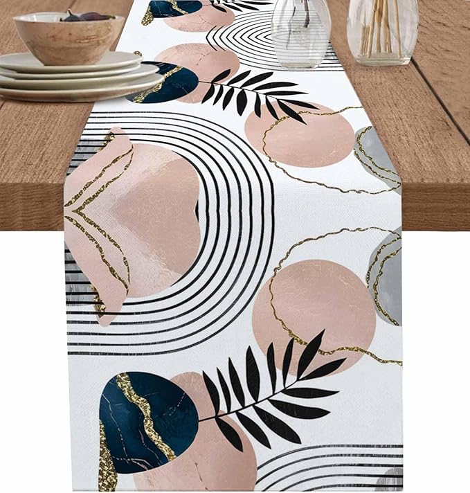 Modern Boho Cotton Linen Table Runner for Dining Kitchen, Wedding Outdoor Party Tablerunners Decoration, Abstract Bohemian Tropical Palm Leaf Dresser Scarf Coffee Tablecloth Runners 13x48 Inches