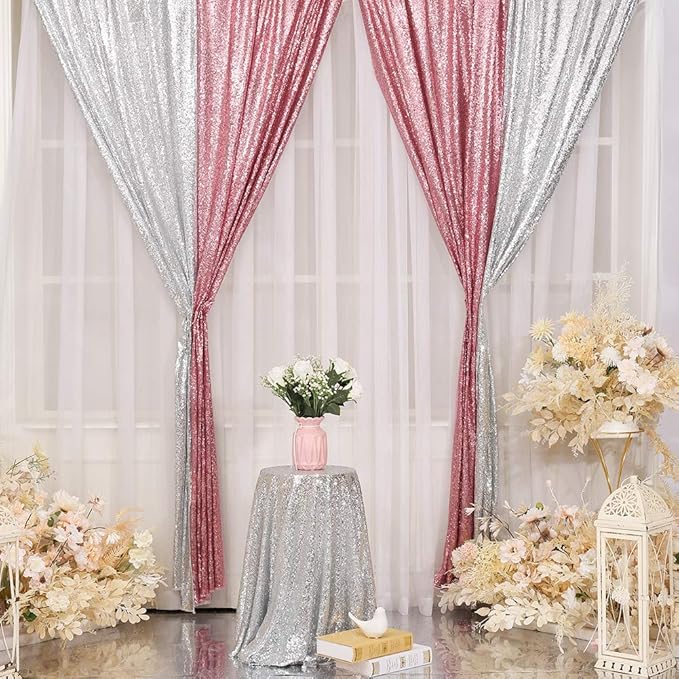 SquarePie Sequin Curtain 2FT x 8FT Silver 2pcs Backdrop Background for Wedding Party Christmas