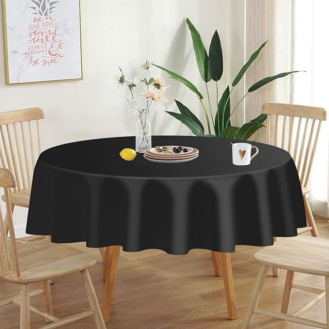 QIKSION Black Round Tablecloth 2 Pack, 84 Inch Plastic Table Cover Disposable for Parties
