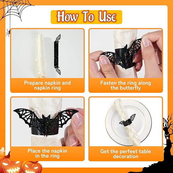 100 Pcs 3D Halloween Bat Napkin Rings, Silverware Wraps Bands,Table Setup Wedding Valentines Day Event Party Supply Table Settings, Glossy Serviette Buckles Decor (Black Bat)