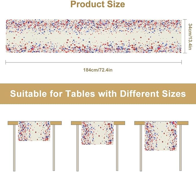 Independence Day Table Runner, 4th of July Red Blue Stars American President Day Holiday Confetti Print Table Cover for Kitchen Dining Table Indoor Outdoor Party, 13x120inch