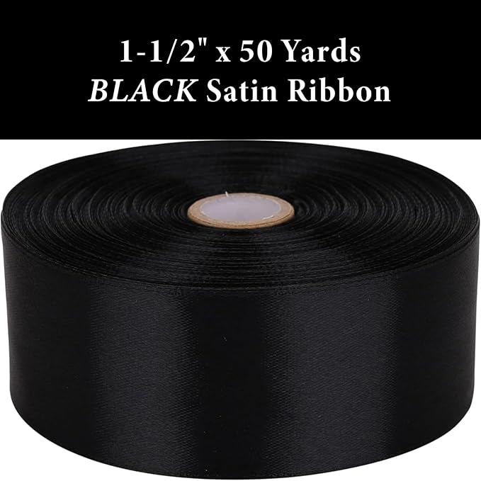 1-1/2 Inch Black Satin Ribbon 50 Yards Solid Fabric Ribbons for Gift Wrapping, Crafts, Floral Arrangements, Wedding, Party, Holiday and Home Decor